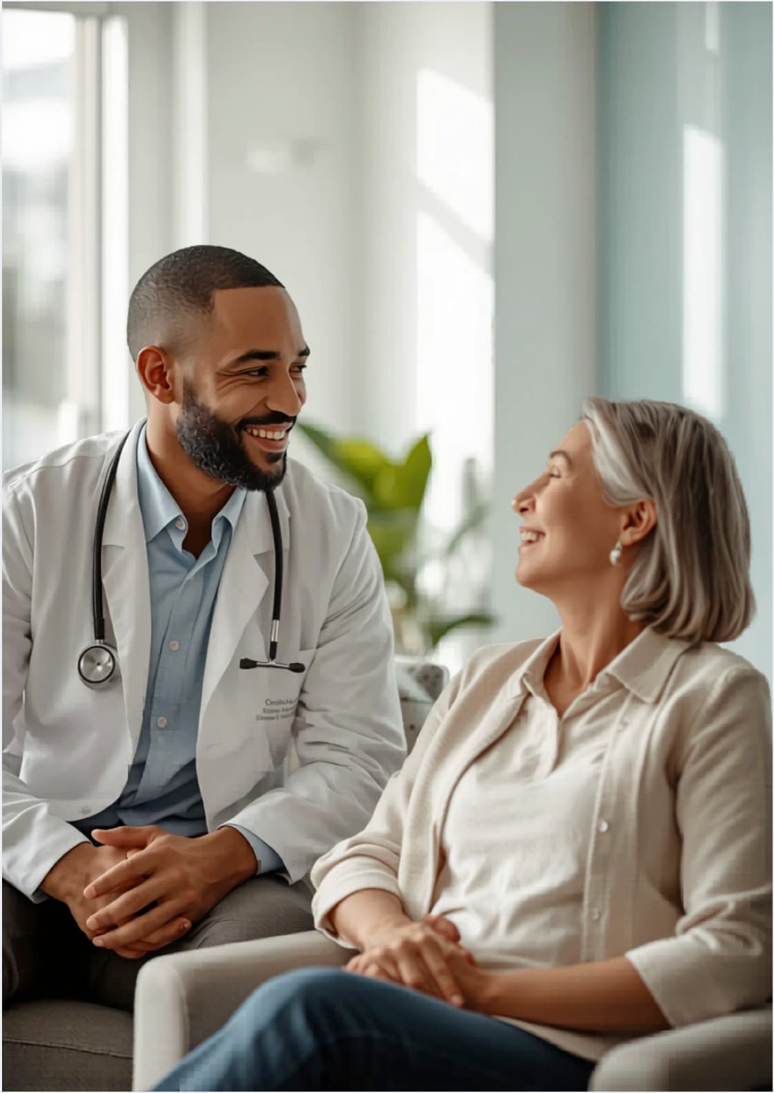 A clinician and an older patient sitting together in a sunlit clinic exam room, smiling in conversation.